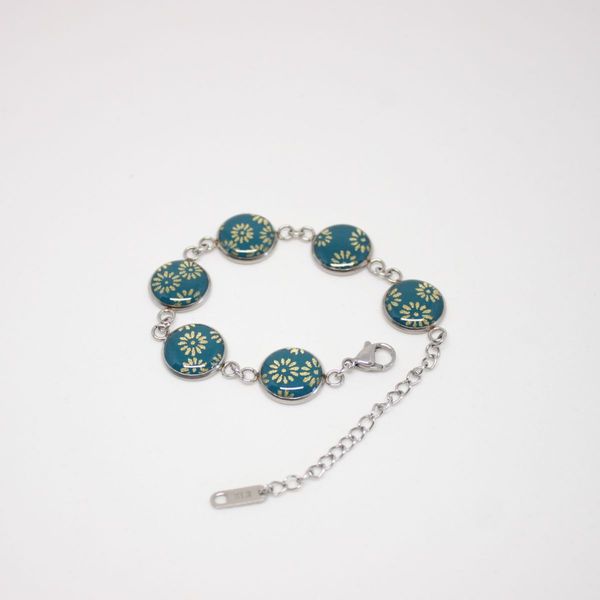 Bracelet à cabochons de papier washi bleu canard sur chaîne argentée