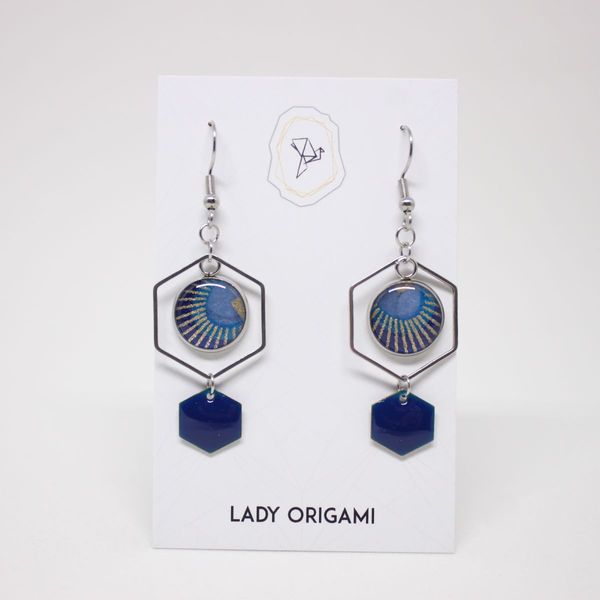 Boucles d'oreilles cabochon et hexagone bleu marine