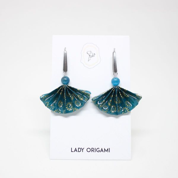 Boucles d'oreilles éventails pliés bleu canard