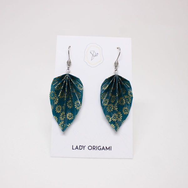 Boucles d'oreilles feuilles pliées, papier bleu canard