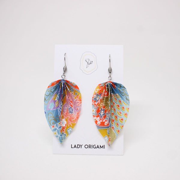 Boucles d'oreilles feuilles pliées, papier bleu et orange