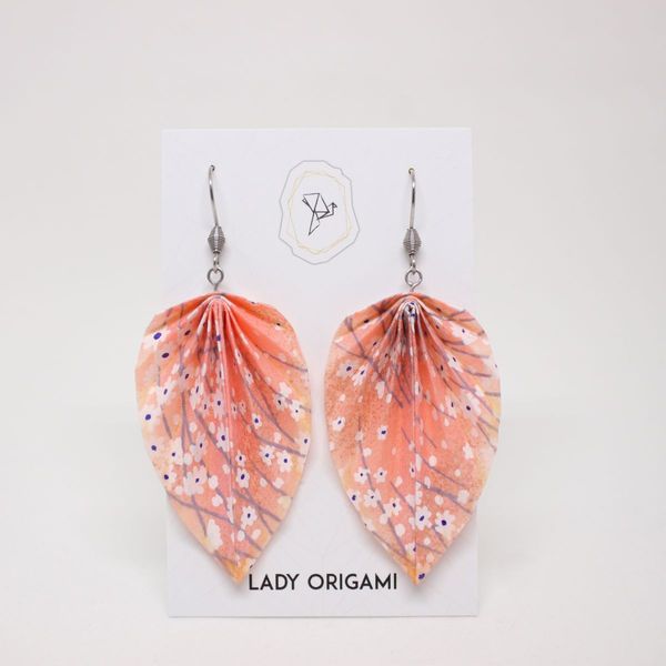 Boucles d'oreilles feuilles pliées, papier pêche à fleurs de cerisier