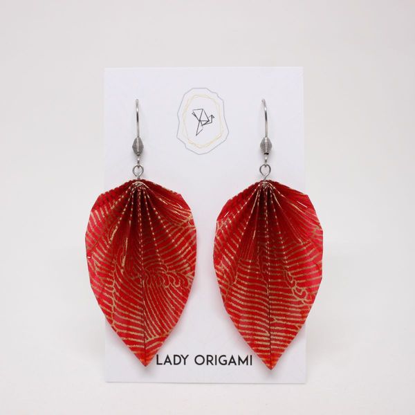 Boucles d'oreilles feuilles pliées, papier rouge