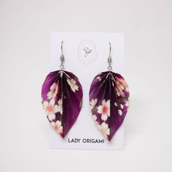 Boucles d'oreilles feuilles pliées, papier violet à fleurs de cerisier
